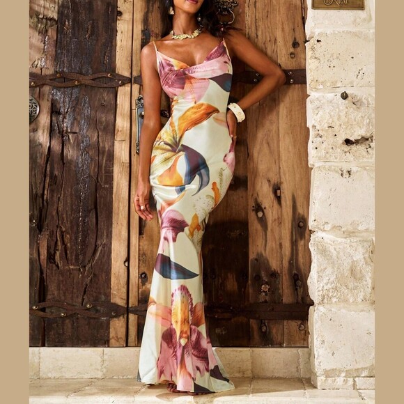 Dresses & Skirts - Cream Floral Print Satin Cowl Neck Maxi Dress